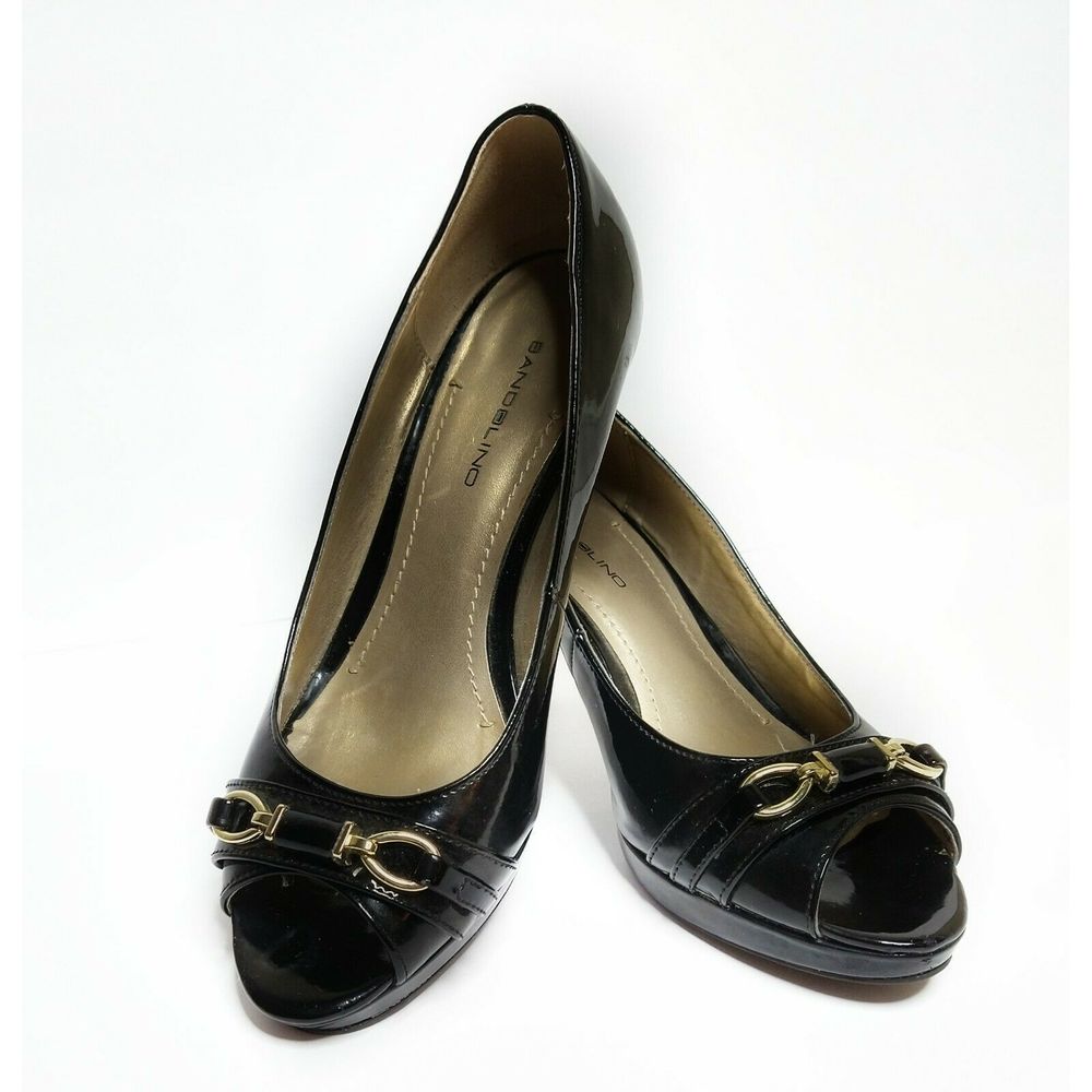 BANDOLINO Black Patent Leather Peep Toe Heels 7.5